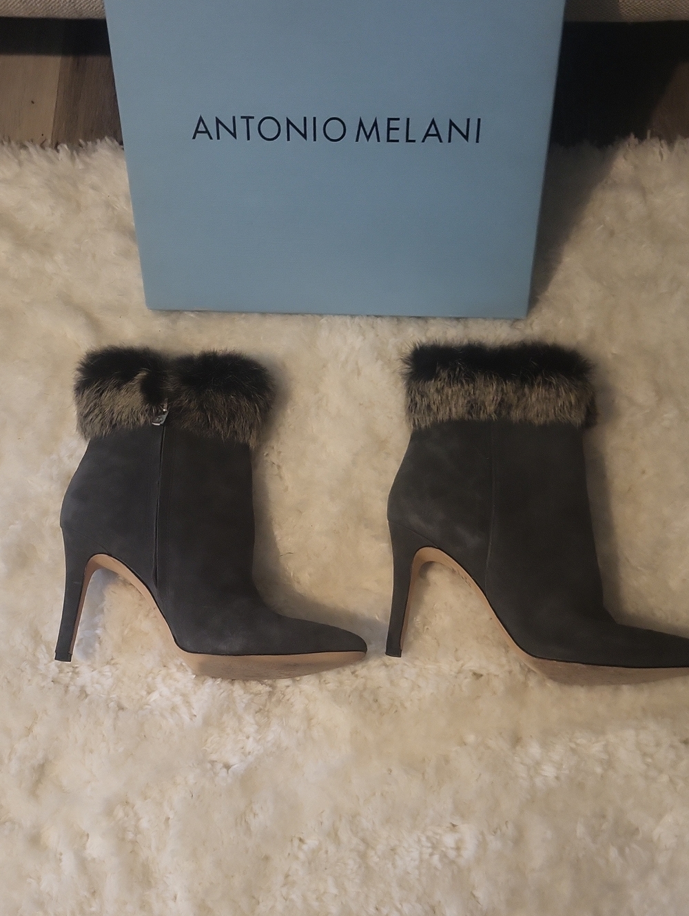 ANTONIO MELANIš©¶ "KYLAN" Charcoal Gray Faux-Fur Trim Stiletto Heel Booties - Picture 8 of 11
